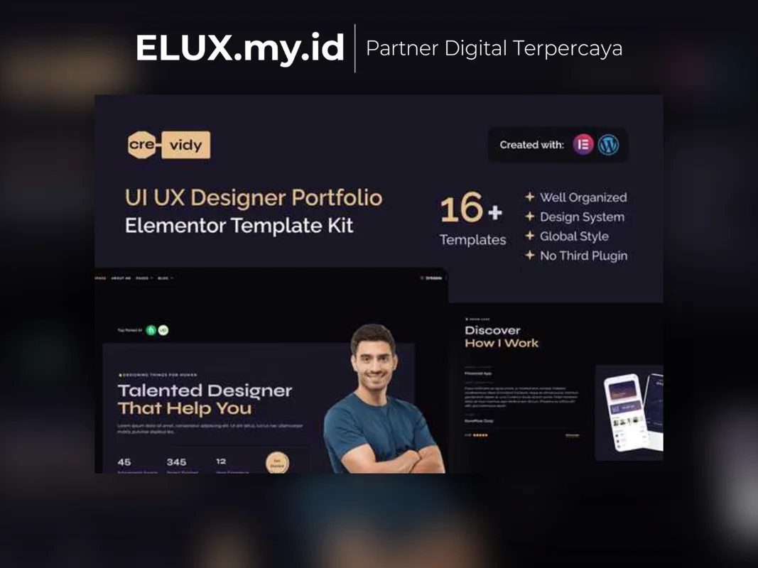 Marketplace Theme, Plugin & Template WordPress Premium Lisensi Resmi Crevidy Ui Ux Designer Portfolio Elementor Template Kit Lifetime