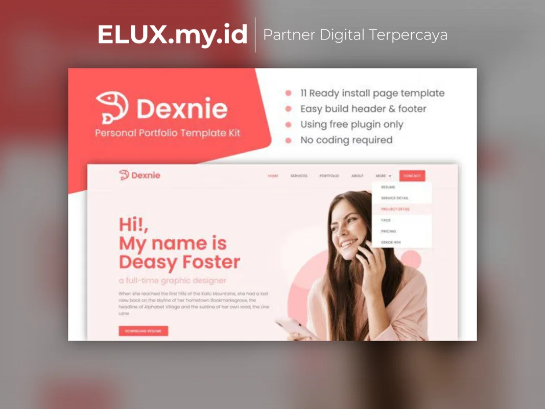 Marketplace Theme, Plugin & Template WordPress Premium Foto Asli Dexnie Personal Portfolio Elementor Template Kit Lifetime Unlimited